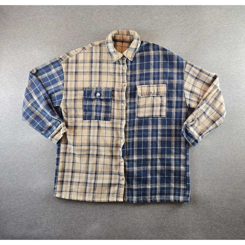 Commense Womens Oversized Color Blocked Plaid Flannel Shirt Jacket Shaket Size M
